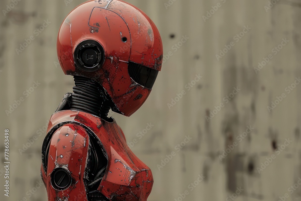 Poster a close-up image featuring a red robot with a weathered and scratched surface texture, likely to ill