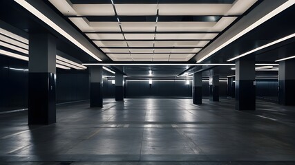 the underground parking lot's interior, Luxurious interior design features, modern led strip ceiling, and modern contemporary accents. AI generative.