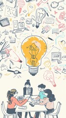 Lively team brainstorm doodle, messy table with light bulb shaped ideas, frontal, whimsical