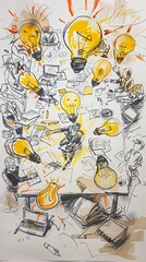Sketch of collaborative brainstorming, cluttered table, ideas as light bulbs, eye-level view