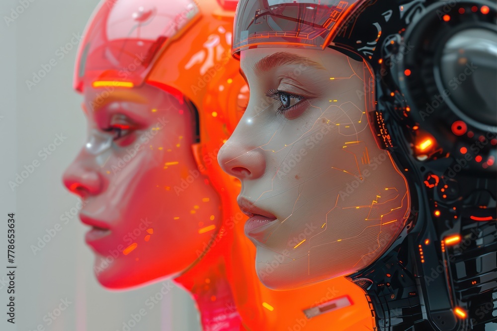 Poster a close-up image of a humanoid robot, focusing on the head with intricate details and orange lightin