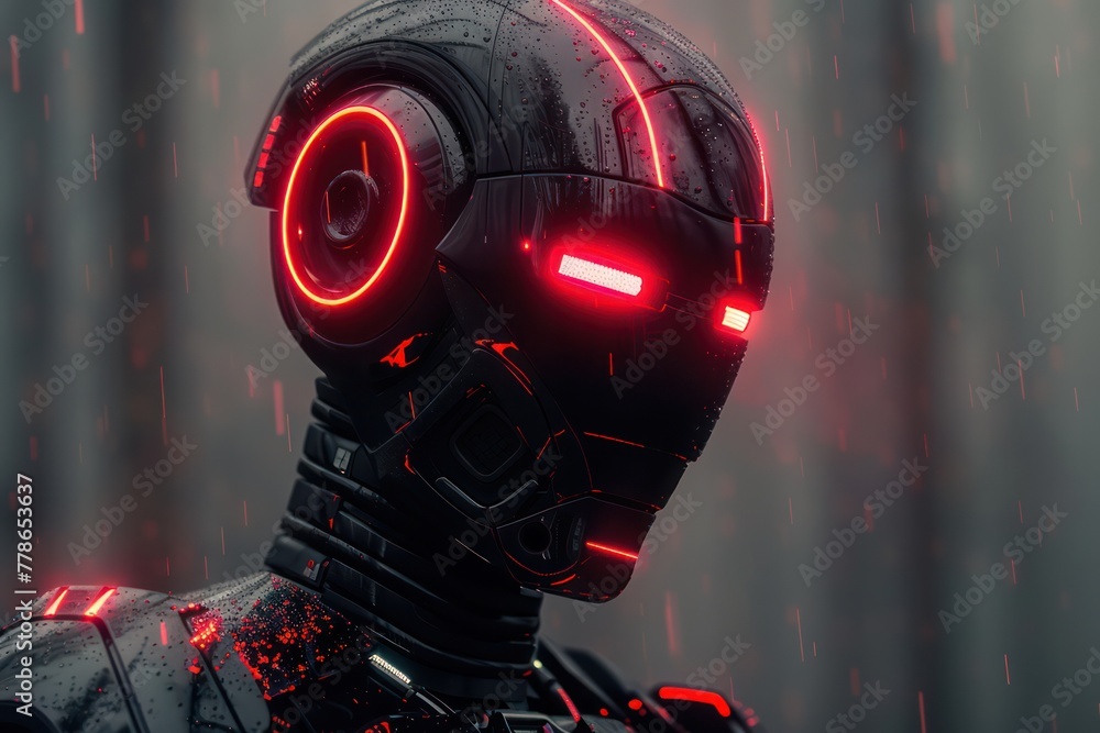 Poster detailed view of a high-tech robot head featuring glowing red elements, suggesting advanced technolo