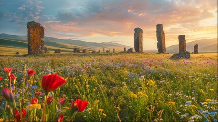 Ancient Stone Towers in Blooming Flower Field at Sunset - obrazy, fototapety, plakaty