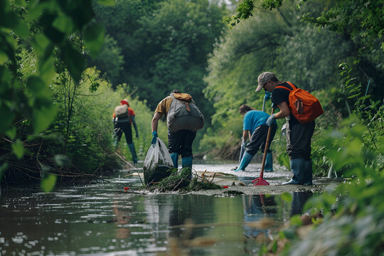 view from behind of cleaning river activity