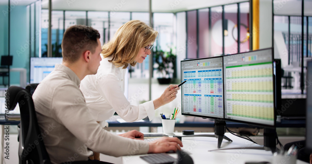 Poster analyst employee working on spreadsheet