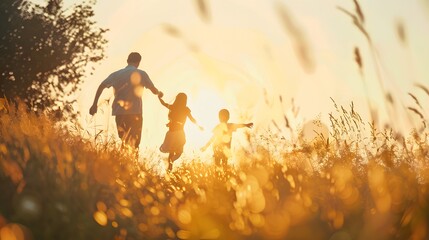 Heartwarming scene of a family enjoying a healthy lifestyle, playing together in the golden light of a sunset field