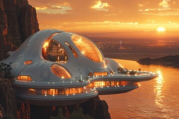 The image showcases a modern, futuristic dome-like building perched on a cliff overlooking a serene sunset with illuminating warm lights