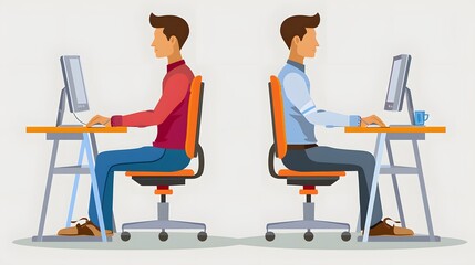 Instructional graphic illustrating proper and improper neck alignment for seated office work, promoting ergonomic posture