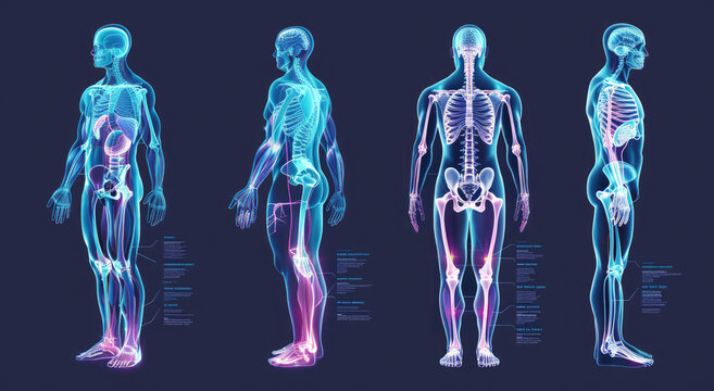 different human bodies, with anatomy diagrams and information boxes on the right side of each body