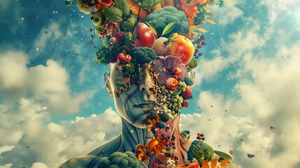 Surreal montage of a human head adorned with an abundance of fresh fruits and vegetables, evoking thoughts on nutrition and mental well-being