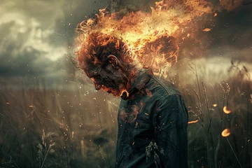 Fotobehang man in the field with his head on fire © rushay