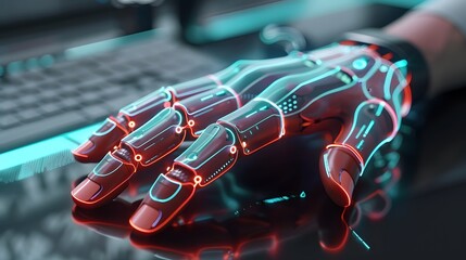 Futuristic cybernetic hand interface at a keyboard, showcasing advanced ergonomic technology for enhanced computer interaction