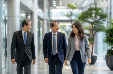Business Elegance: Asian Corporate Colleagues Walking in a Modern Office Space