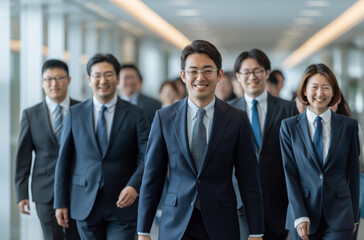 Confident Leadership: Smiling Asian Business Team Advancing in a Corporate Hallway