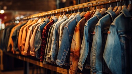 vintage denim jackets on display in a store