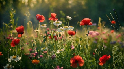 Dewy Poppies and Daisies in Morning Light