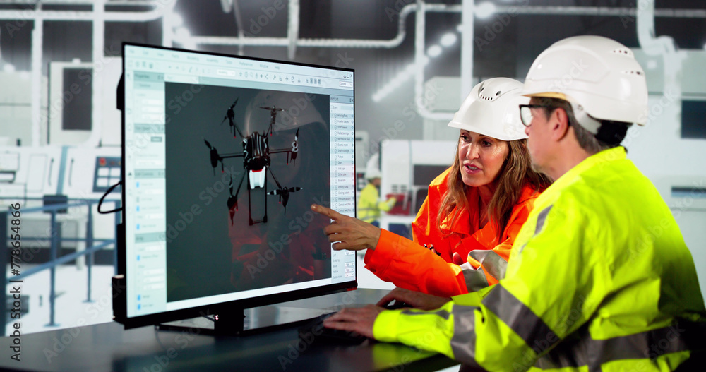 Poster engineer doing 3d cad model design on computer