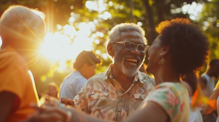 Individuals of all ages laughing and dancing at a family reunion, with warm sunlight filtering through the trees.
