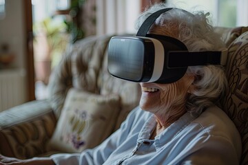 image of smiling aged female watching video on VR headset