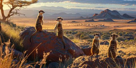 A group of meerkats standing on their hind legs, looking out over the desert landscape in southern Africa - obrazy, fototapety, plakaty
