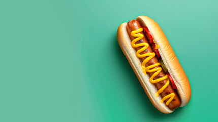 A classic hot dog with ketchup and mustard on a green background with banner with blank space for...