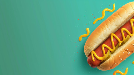 An appetizing hot dog with mustard swirls on a teal backdrop, providing a banner with blank space...