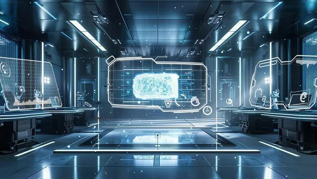 cybernetic laboratory ballroom within a futuristic. seamless looping overlay 4k virtual video animation background