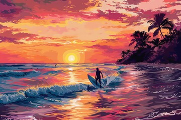sunset on the beach with surfer in scene 