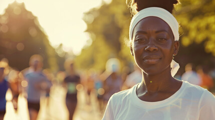 Black afro american woman in her 40s wearing white shirt top exercising outdoor looking directly at the camera - Powered by Adobe