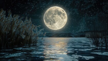 Fototapeta premium Moon reflections on water create a mesmerizing scene, with the moon's shimmering glow mirrored in tranquil lakes, rivers, or oceans