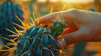 Hand touching a cactus spines , people taking care of the cacti plant - obrazy, fototapety, plakaty