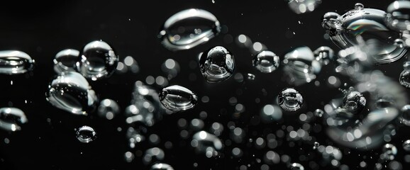Black background. Shooting underwater. Stock footage. Impulsively moving bubbles of pure water  Soda water bubbles splashing underwater against black background