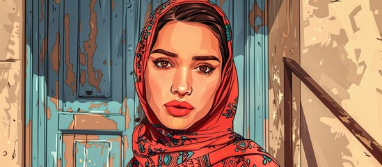 A woman with a hijab is standing in front of a building, her nose, cheeks, chins, eyebrows, eyes, mouth, eyelashes, jaws, and iris all pieces of art in the scene - obrazy, fototapety, plakaty