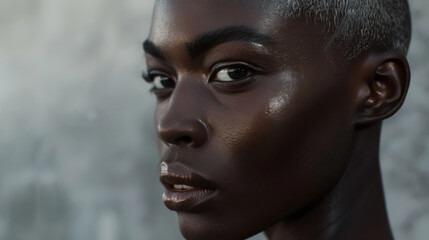 Close-up portrait of a black african female top model with very short white hair style