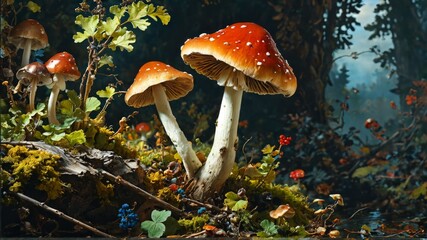Fantasy landscape with fly agaric mushrooms in autumn forest. - obrazy, fototapety, plakaty