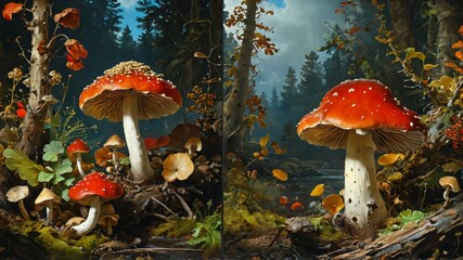 Fantasy landscape with fly agaric mushrooms in autumn forest. - obrazy, fototapety, plakaty