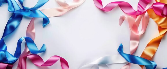 Bright colored satin ribbons are beautifully woven on a light background. There is a free place for inscription,Abstract Background. Smooth flowing lines, blurred waves, rainbow color style stripes - obrazy, fototapety, plakaty