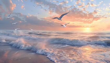 Sunrise at the beach offers a serene and tranquil atmosphere, with soft colors painting the sky and gentle waves lapping at the shore - obrazy, fototapety, plakaty