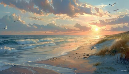 Sunrise at the beach offers a serene and tranquil atmosphere, with soft colors painting the sky and gentle waves lapping at the shore