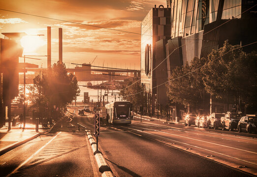 The sunset view of the urban skyline of docklands in Melbourne