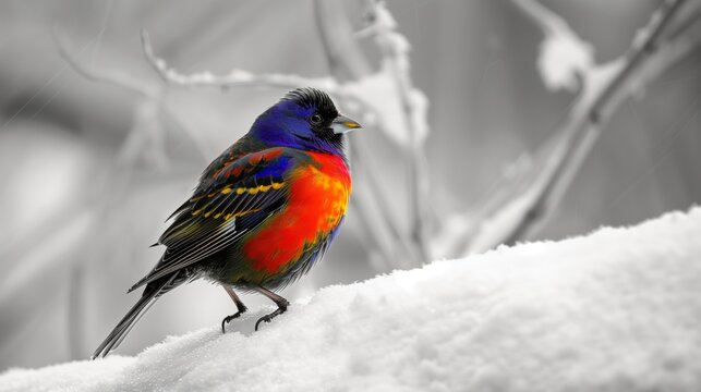 Frosty Elegance: Vibrant Bird Contrasting with the Winter Wonderland - This image showcases a vibrant bird against a snowy backdrop, its colors standing out in stark contrast to the monochrome 