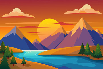 Fototapeta na wymiar vector illustration capturing the tranquility of a serene mountain landscape at sunset.