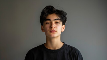 Solo portrait of a confident youth with a minimalist background, highlighting a unique, contemporary style.