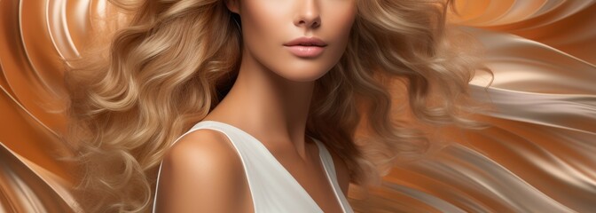 Blonde balayage hair model in swirling vortex  - obrazy, fototapety, plakaty