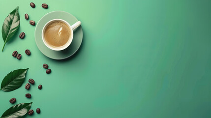 Top view of a white mug filled with freshly brewed coffee, displayed with beans and leaves for a banner with blank space - obrazy, fototapety, plakaty