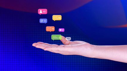 People using social media and digital online marketing concepts with icons such as notifications, messages, comments screen.