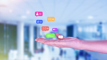 People using social media and digital online marketing concepts with icons such as notifications, messages, comments screen.