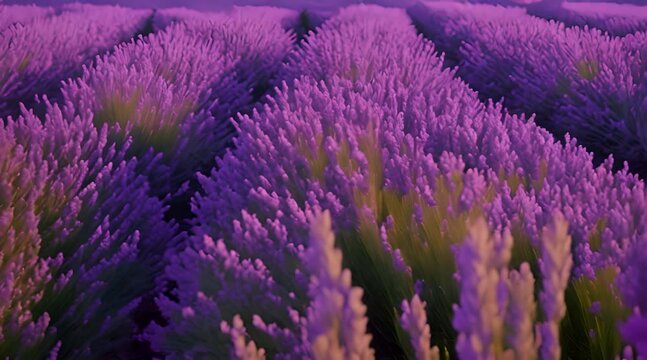 Lavender field and blooming endless rows during beautiful dramatic sunset