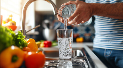 Obraz na płótnie Canvas Pouring fresh water into a glass in a kitchen with vegetables.