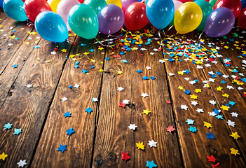 Balloons and confetti on wooden floor. Colorful balloons scattered on a wooden floor. This image exudes a festive and cheerful atmosphere, making it a perfect fit for celebrations, parties, and fun - 778658064
